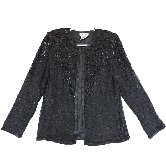 Silk Open Jacket Beaded Sequin AP Ltd Women M Black Evening Cocktail Festive Vtg - Picture 16 of 16